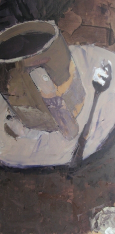 "White Cup with Spoon", 2015, oil on panel, 36 x 18”