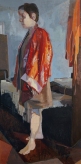 "Figure in Red Robe", 2014, oil on hardboard, 37 x 18.5"