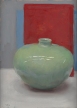 "Green Vessel on Red", 2016, oil on paper mounted on panel, 12" x 8.5"